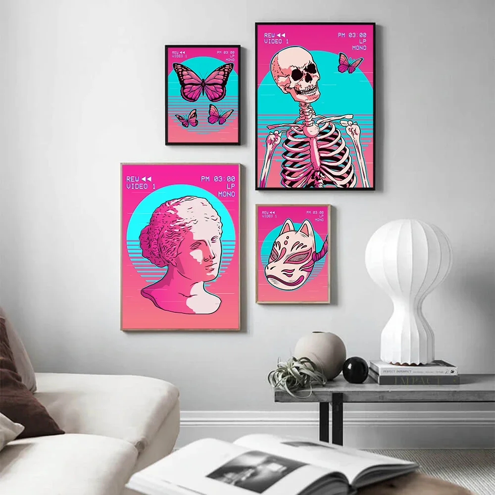 Abstract Pink Vintage Vaporwave Butterfly Retro Art Cavnas Painting Print Skeleton Statue Vitruvian Man Poster Room Home Decor