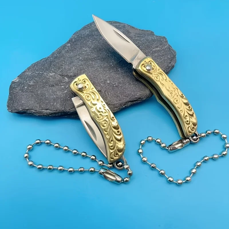 1 Piece Exquisite Copper Carving Mini Folding Knife Portable Keychain Multifunctional Practical Small Tool Gift