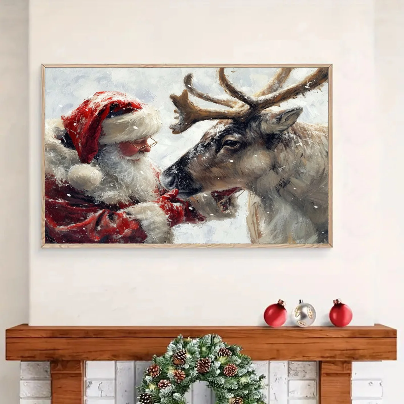 Frameless Santa Claus Petting Reindeer Poster Canvas Painting Wall Art Modern Home Bedroom Office Aesthetic Decoration Painting