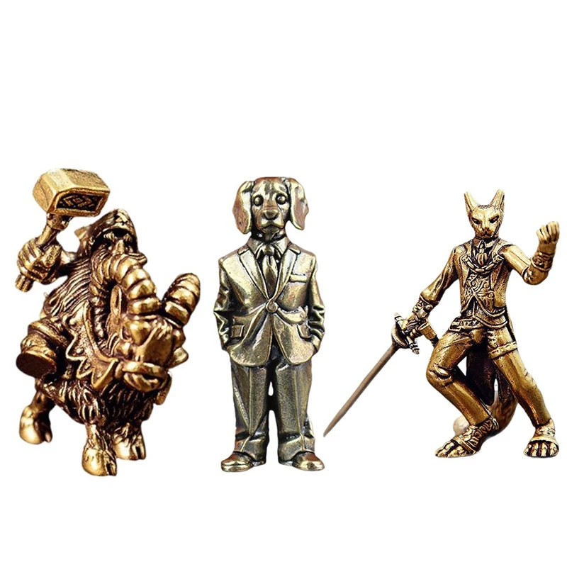 Brass Swordsman Cat/Goat Dwarf/Suit Dog Small Statue Retro Characters Warrior Miniatures Figurines Desktop Decorations Crafts