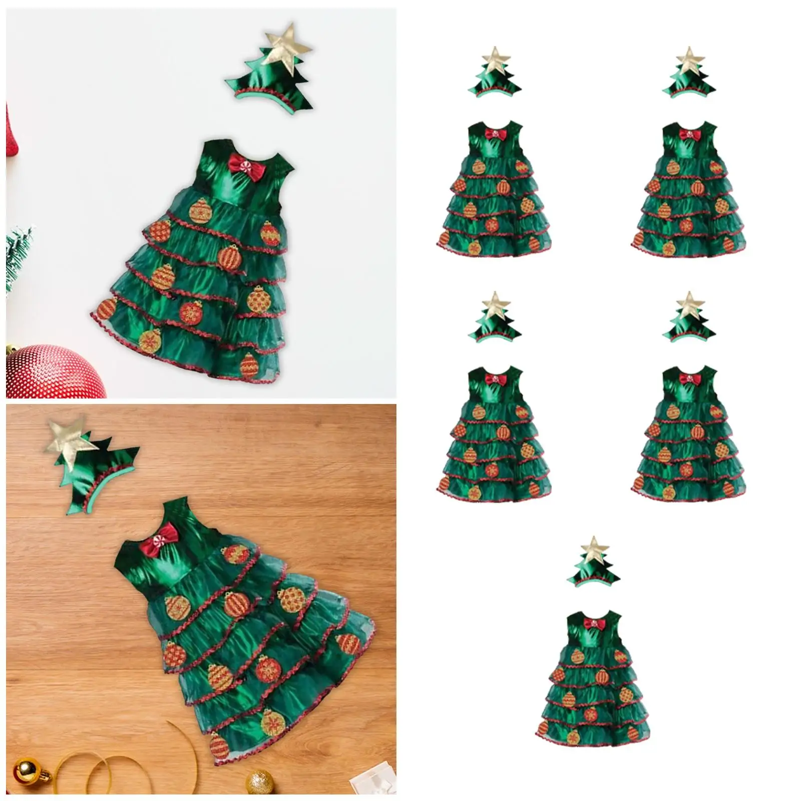 Children Christmas Tree Dress with Hat for Stage Performance Halloween Party