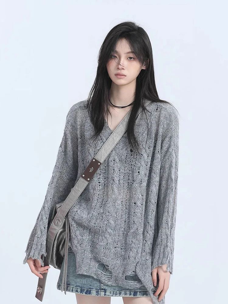

Jmprs Streetwear Hole Sweater Women Loose Long Sleeve Vintage Harajuku Knitted Jumpers American Y2K V Neck Female Lazy Wind Tops