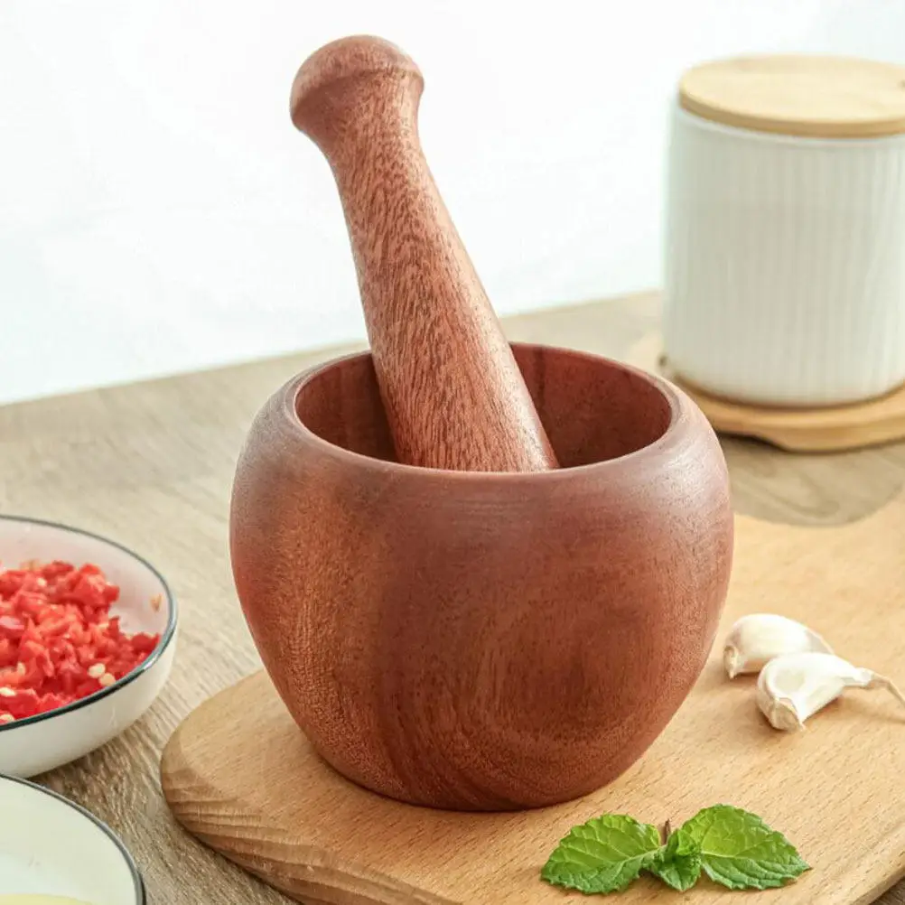 1Set Wooden Garlic Grinder Tool for Kitchen - Ergonomic Garlic Crushing Bowl with Pestle for Spices Ginger and Pills Grinding