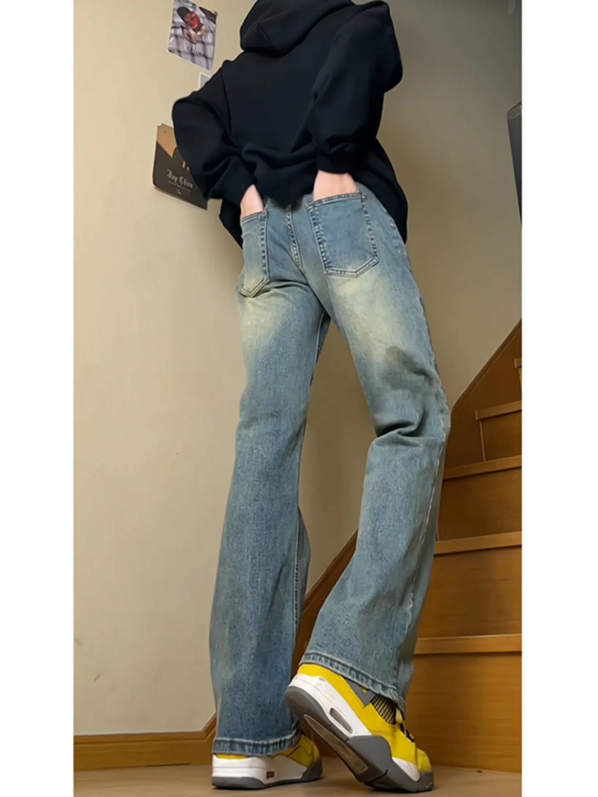 

Retro American Blue Jeans Men's Autumn Winter Slim Straight Leggings Youth Tall Pants Wear Resistant Cotton Polyester Blend
