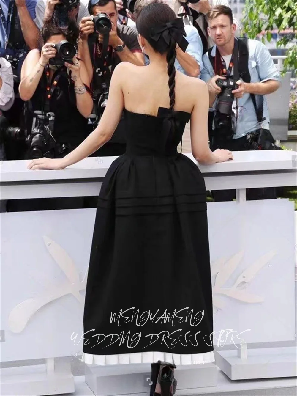 ZHUISHU 우아한 블랙 스트랩리스 이브닝 드레스 한국 프로미스 드레스 플리츠 새틴 리본 웨딩 파티 가운 발목 길이 맞춤형