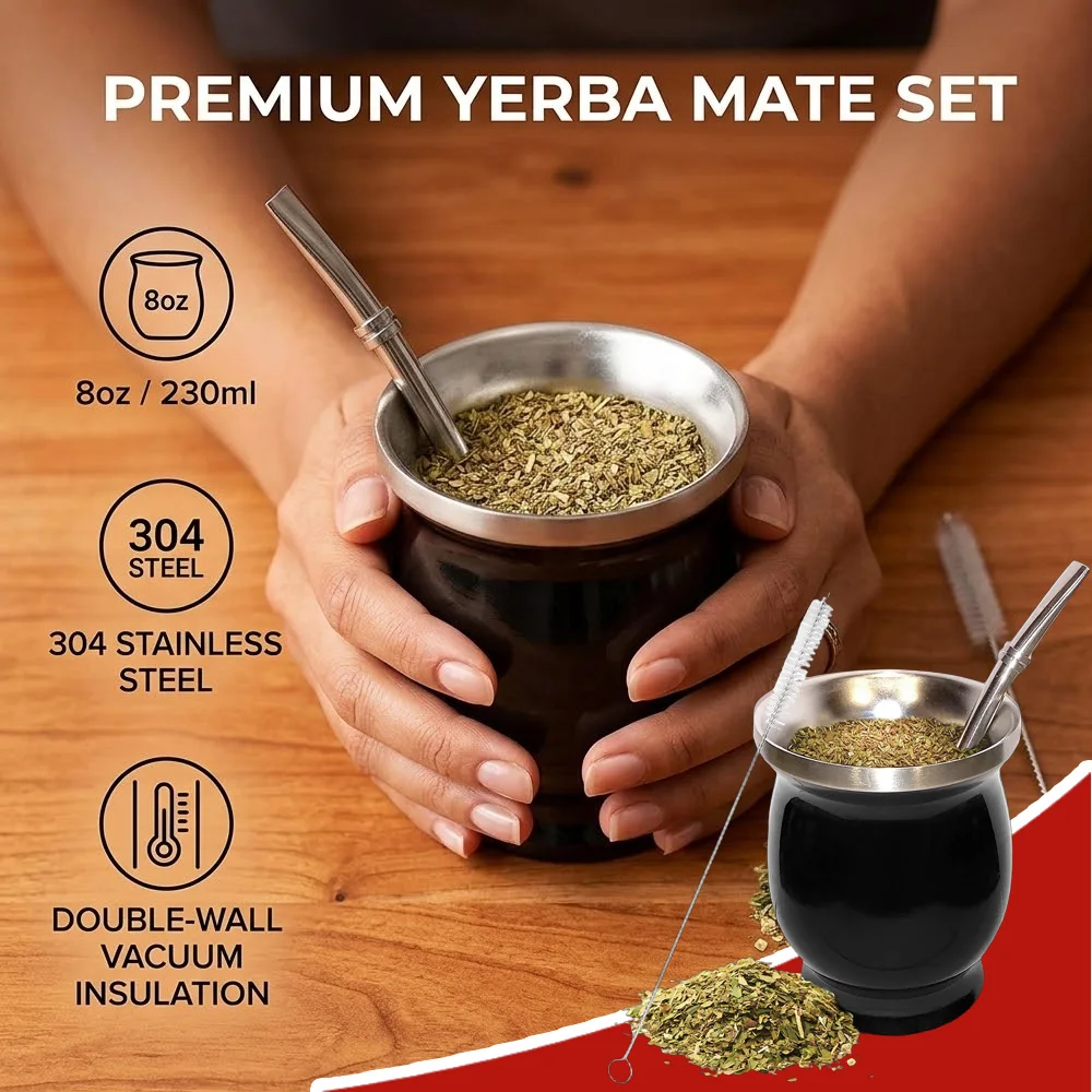 8oz Yerba Mate Gourd Tea Cup Set Double Walled Stainless Steel Mate Mug with Bombilla Straw Cleaning Brush Infuser Coffee Cup