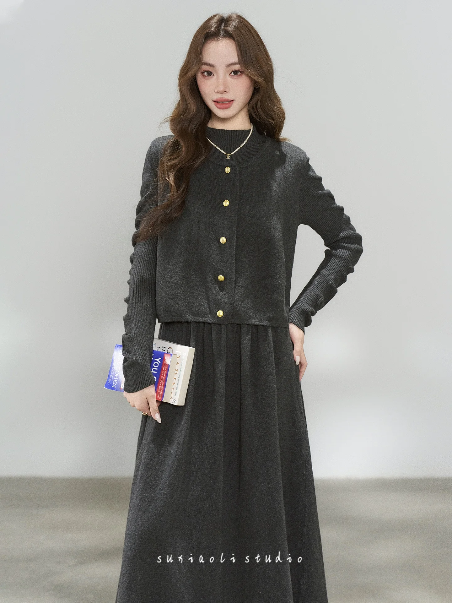 

Ele Knitted Vest And Dr Set Women's Faion Layering Inner Wear Autumn Winter New Arrival French Sle Midi Skirt