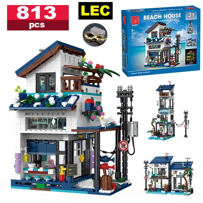 3 en 1 813 Uds. Ciudad japonesa vista a la calle playa Villa casa de ciudad cabina Retro con luz LED juego de bloques de construcción juguetes para niños regalos