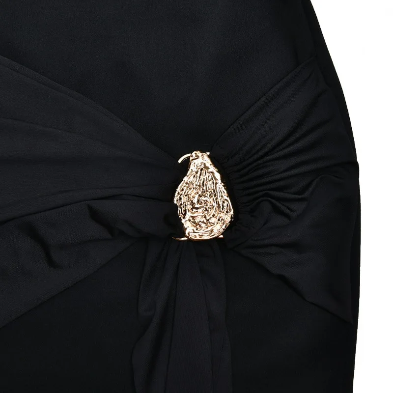 Metal Buckle Ruched Ribbon Women Sexy Mini Dress Solid O Neck Short Sleeve Bodycon Club Party Dresses Casual Streetwear Outfits