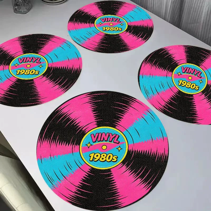 VIKAMA Retro Vinyl Record Circular Round Linen Placemats, Heat Resistant for Dining Table Kitchen Decor