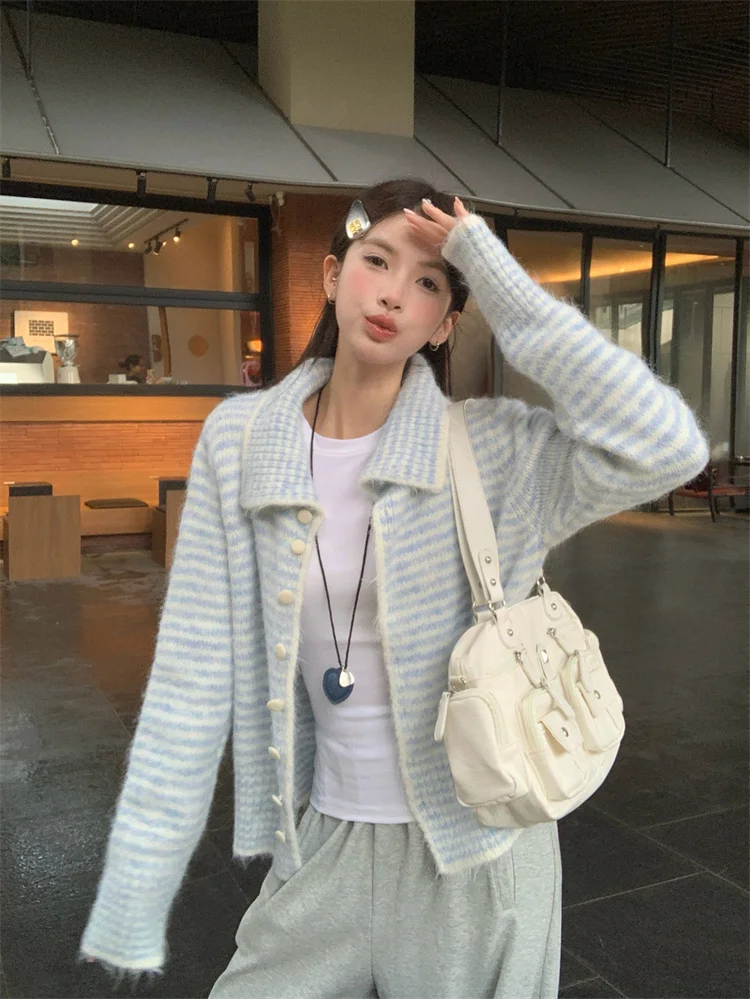 

Kumikumi Sweet Color Block Striped Long Sleeve Loose Women's Sweater Jacket Spring Fashionable Casual Comfortable Top