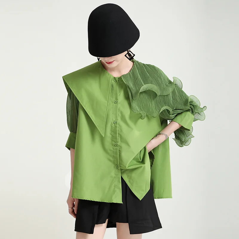 

2025 summer new style lapel pleated rolled ruffle edge irregular splicing loose short sleeved shirt with belt top