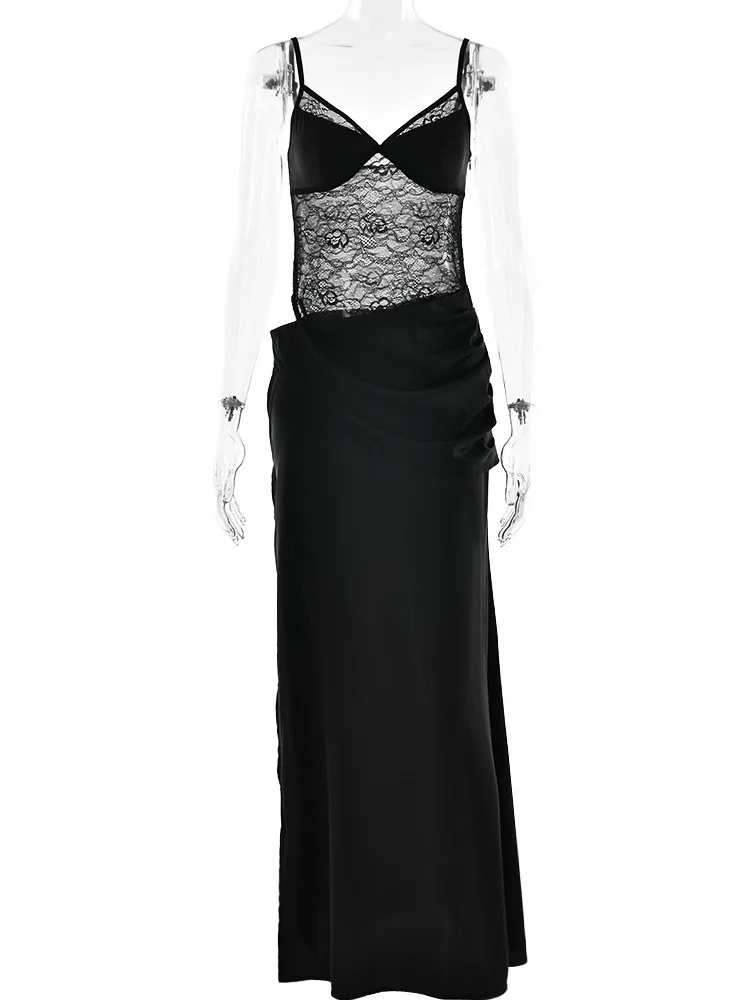 Apprabant Sheer Lace Patchwork Satin Split Slip Maxi Dress Sexy Cut Out V-Neck Backless Slim Evening Strap Long Dress Partywear