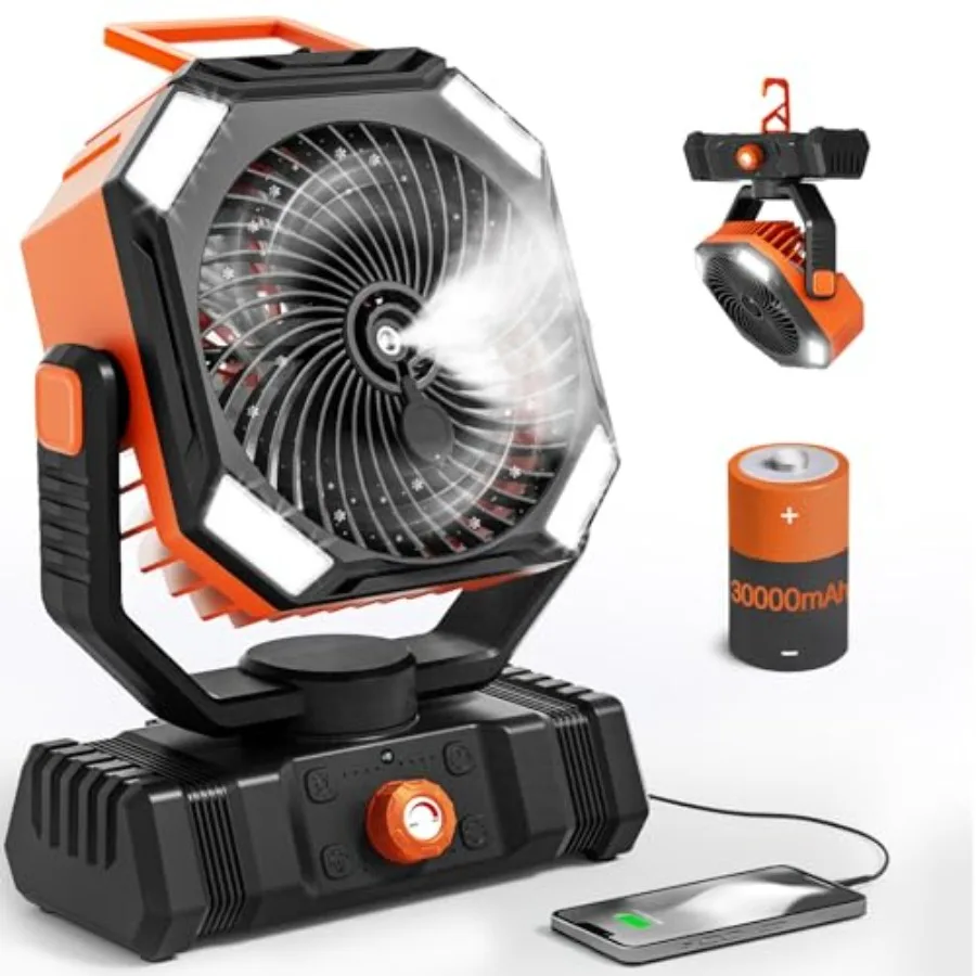 

Camping Fan Rechargeable - 30000mAh Battery Powered Misting Fan for Outdoor Beach Tent - Portable Battery Operated Tent Air Con