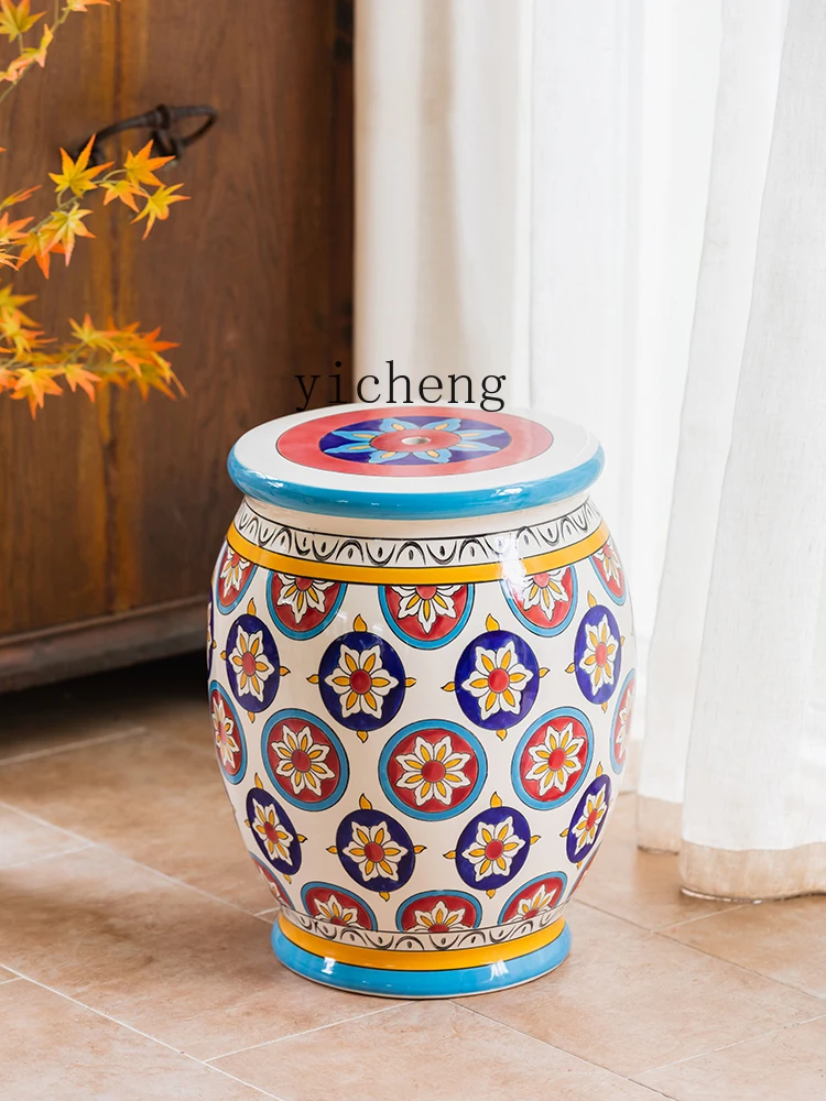 ZC Porcelain Hand Painted Drum Stool Entry Door Hallway Shoe Changing Stool Living Room Sofa Side Table round Stool