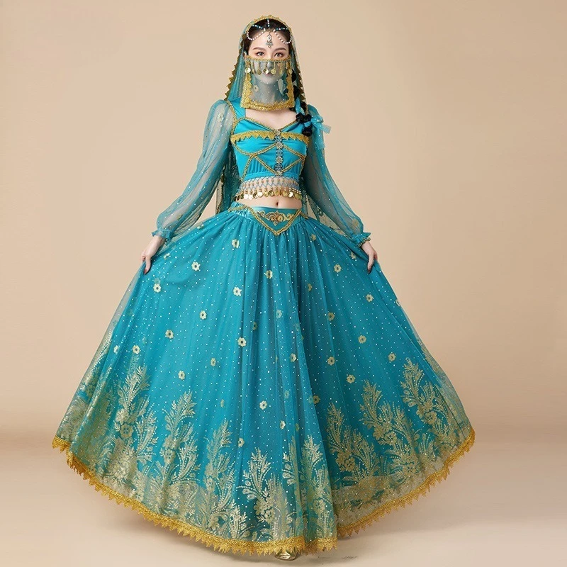 

Костюм экзотической принцессы на Хэллоуин: расклешенная юбка для восточных танцев, персидский наряд для выступлений