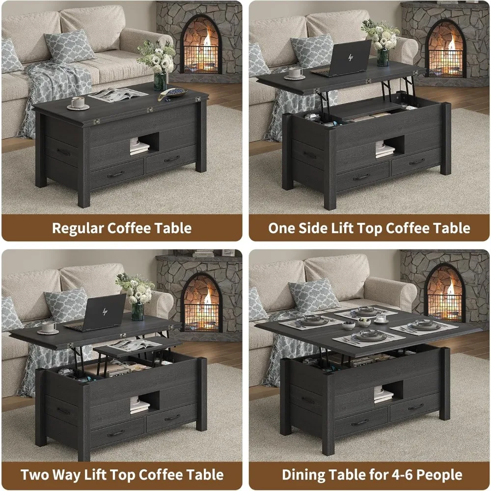 Multi-Function 39.4 Lift Top Coffee Table with 4 Storage Drawers, Hidden Compartment, Wood Center Tab, Versatile Space-Saving Fu