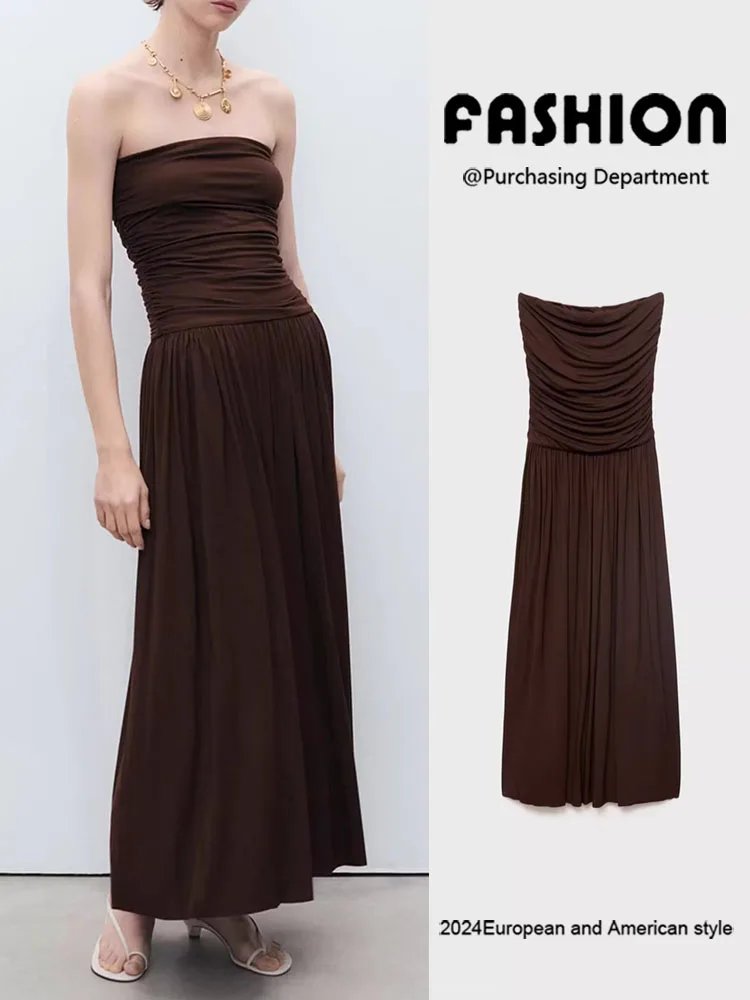

Летняя новинка ZA2025: Женское сексуальное вечернее платье с открытыми плечами, коричневыми вставками, плиссировкой, длинное, с завышенной талией, для торжественных мероприятий