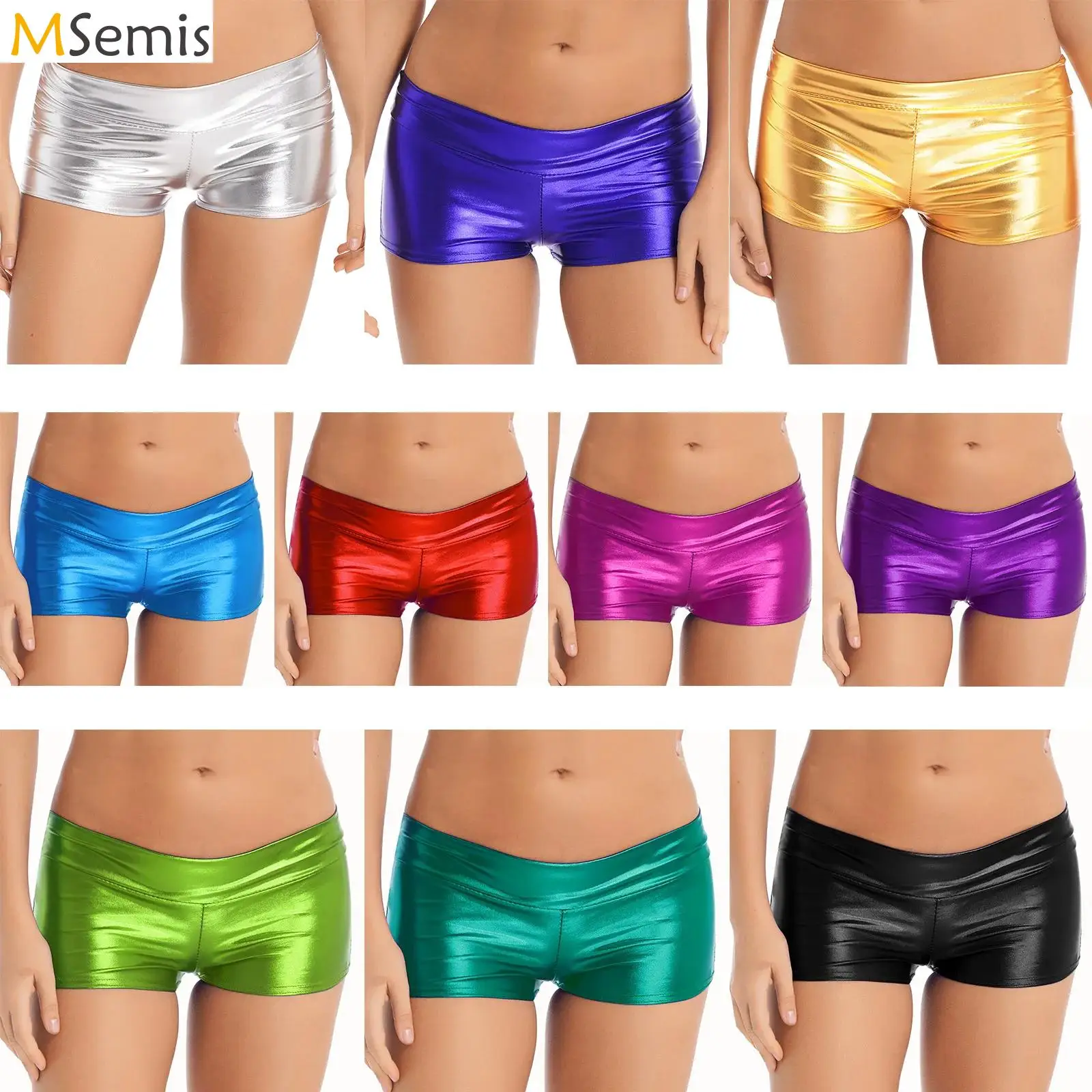 Womens Metallic Shiny Mini Booty Shorts Low Rise Hot Pants Festival Dancing Bottoms Hotpants for Rave Disco Party Clubwear