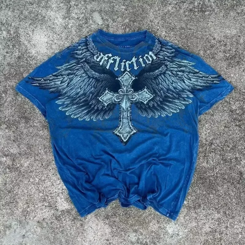 Shorts Comfortable Breathable Casual 2026 Affliction Style Gothic Skull Cross T Shirt Men Women Black Washed Cotton Short