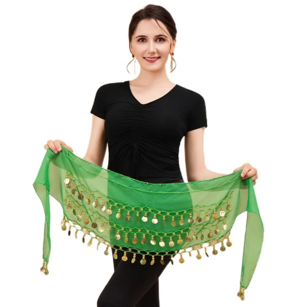 

Gold Color Coins Belly Dance Hip Scarf Adjustable Three Layers Hip Scarf Wrap Chiffon Material Comfortable Fit