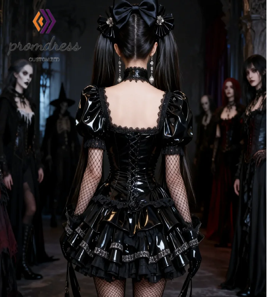 

Shiny Black Faxu Leather Evening Dress 2026 Sexy Mini Short Cosplay Gothic Prom Wear Puff Sleeve Costume Cocktail Party Gowns
