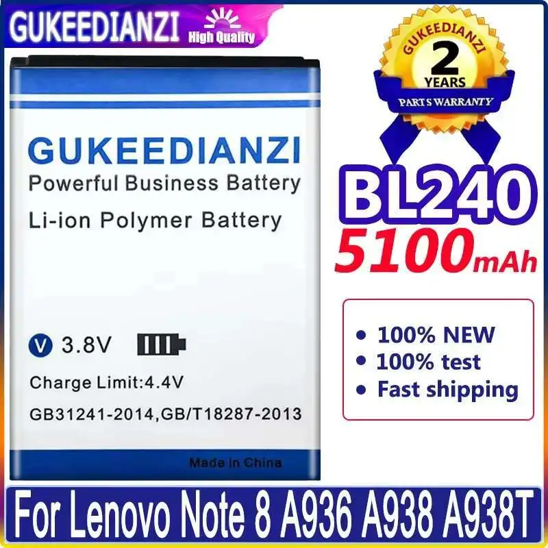 

Good Low-Temperature Performance 5100mAh Mobile Phone Battery Premium Replacement BL240 For Lenovo Note 8 A936 A938 A938T