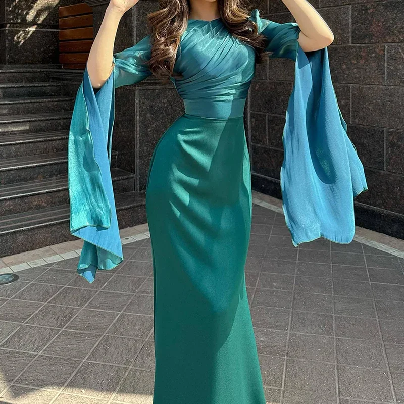 Satin Solid Robe Dress Ladies Temperament O-neck Slim Evening Dress Elegant Batwing Sleeves High Waist Pleats Long Dress