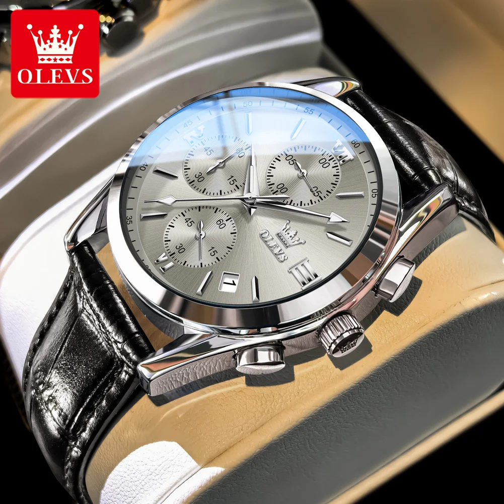

OLEVS 2872 Luxury Quartz Men Watch Geunine Leather Strap Waterproof Automatic Date Chronograph Top Leisure Business Men Watch