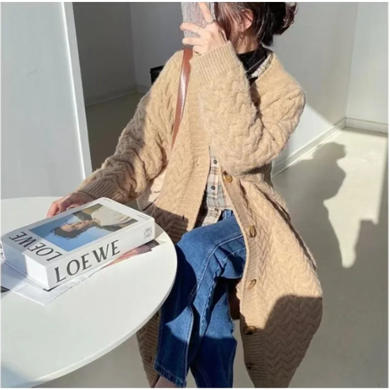

Autumn Winter Thick Solid Loose Fit Fried Dough Twists Knitting Coat Retro Casual Elegant Women's Medium Length Sweater Cardigan