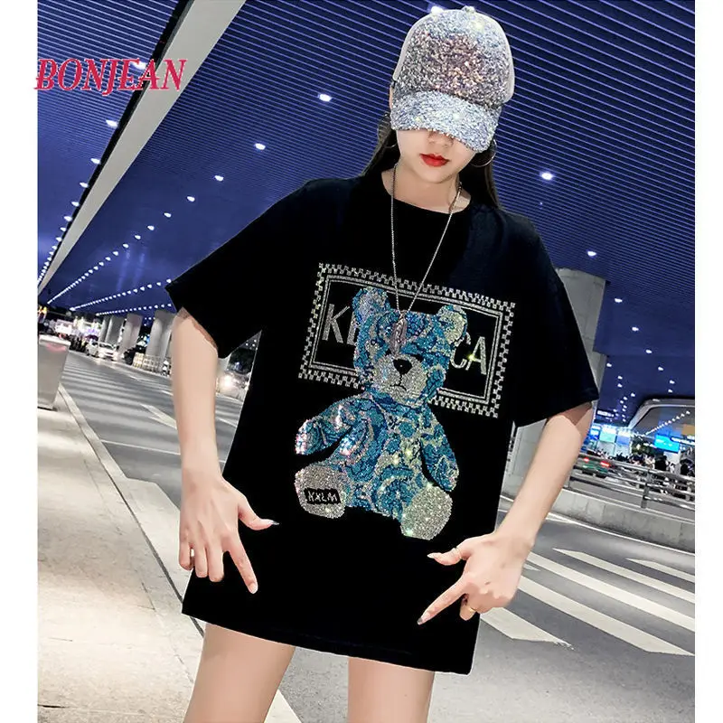 Y2K Harajuku Beading Plus Size Cartoon Bear T-shirt Women's Summer New Loose Mid-length Fashion Korean Style Top