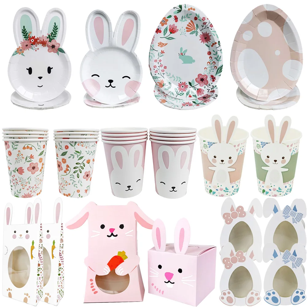 Easter Bunny Egg Rabbit Ear Shape Paper Plates Cups Boxes Happy Easter Party Tableware Birthday Party Baby Shower Decor Supplies