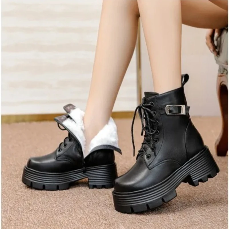 

2025 женские ботинки на платформе и высоком каблуке, большой размер 41, 42, 43, женские зимние ботинки из натуральной кожи, зимние женские ботинки из утолщенной шерсти
