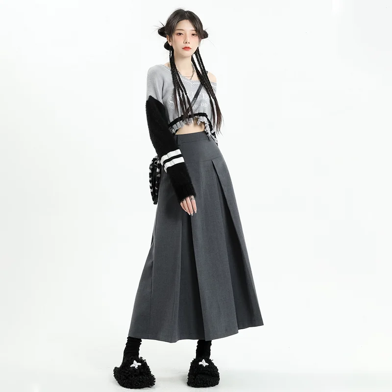 Vintage Grey Suit A-line Skirt Women\'s Spring Autumn College Style High Waist Pleated Mid Length Skirt Femal