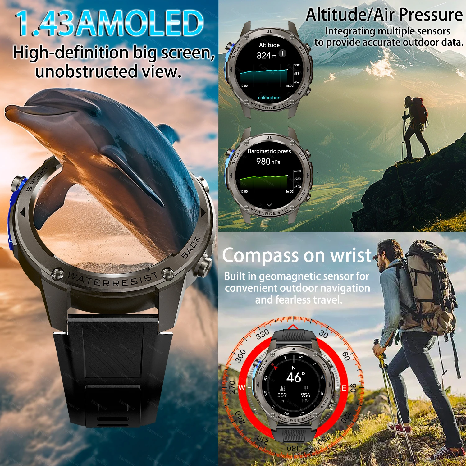 For Xiaomi Huawei Men GPS SmartWatch 2024 New Bluetooth Call 1.43inch AMOLED Compass 500mAh Battery 10ATM Waterproof Smart Watch