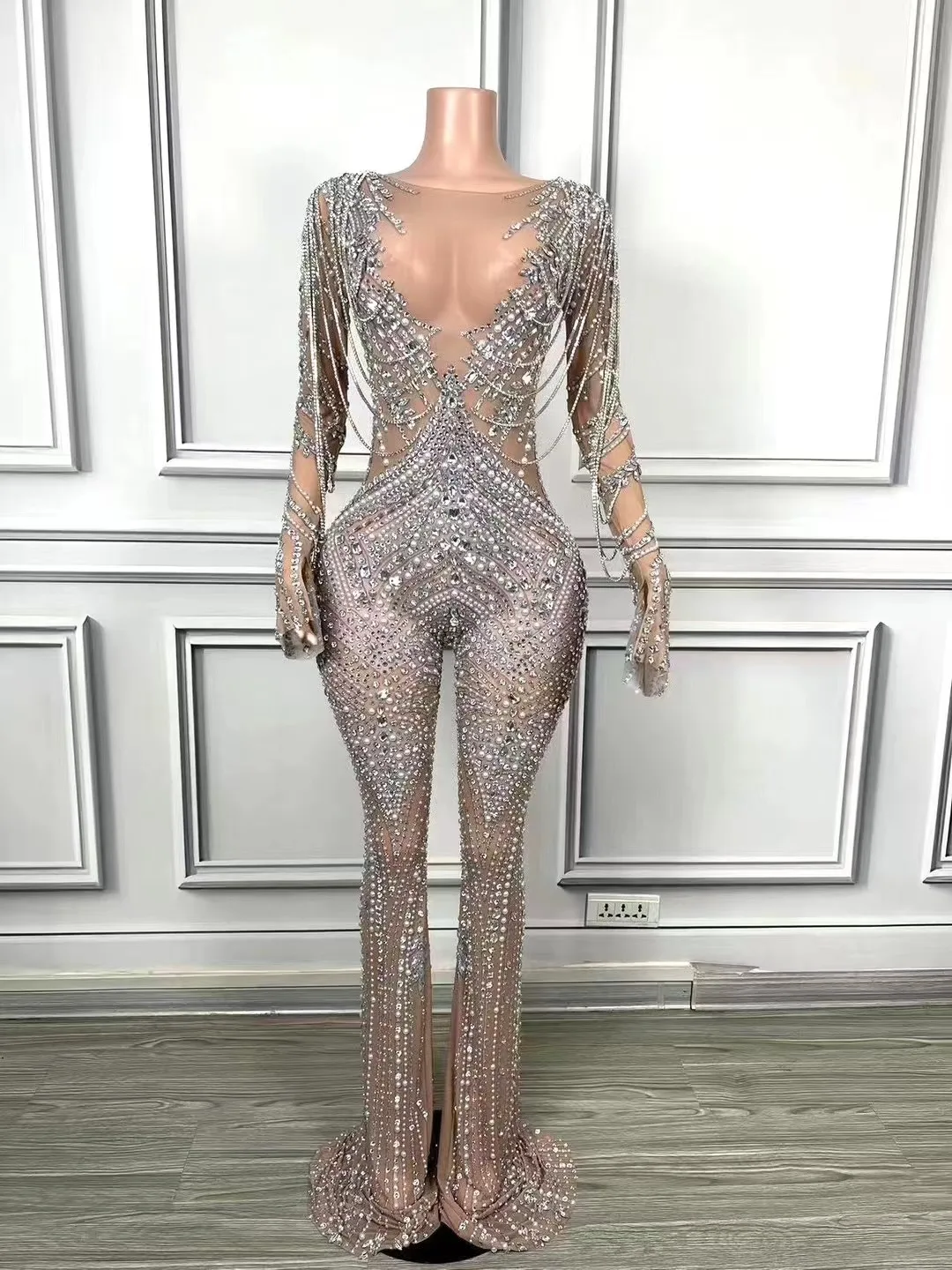 

Heavy Industry Elegant Dinner Dress Luxury Full Diamond Pearl Diamond Chain Super a One-Piece Wide-Leg Pants Singer Stage Perfor