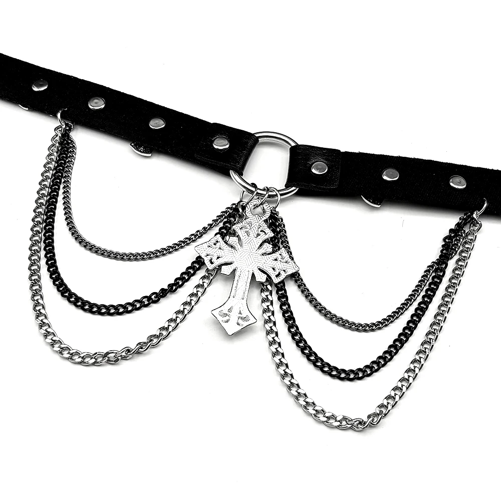Gothic Punk Cross Multi-Layer Chain Pu Leather Choker Necklace for Women Men Alloy Silver Color Catholic Jewelry Gift