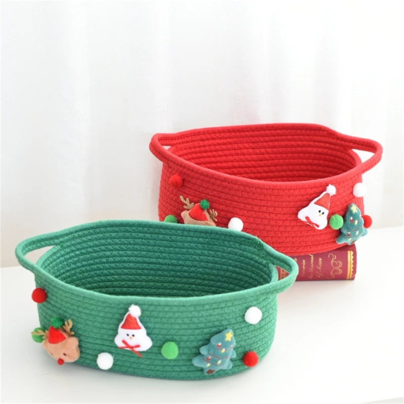

2pcs Holiday Themed Cotton Rope Storage Bin Hand Woven Basket for Christmas Home Decoration Desktop Sundries