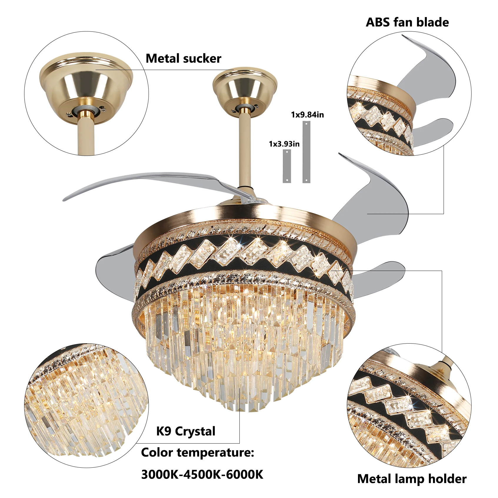 Ceiling Fans with LED Light, 6-Speed Settings, Adjustable Timer, Two-Way Rotation, Remote Control, Energy-Efficient, Gold and Bl