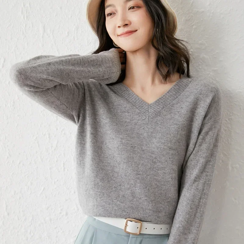 2024 Early Spring New Woolen Sweater Women Pure Wool Knit Pullovers V-neck Long-sleeved Cashmere Sweaters High Strecth