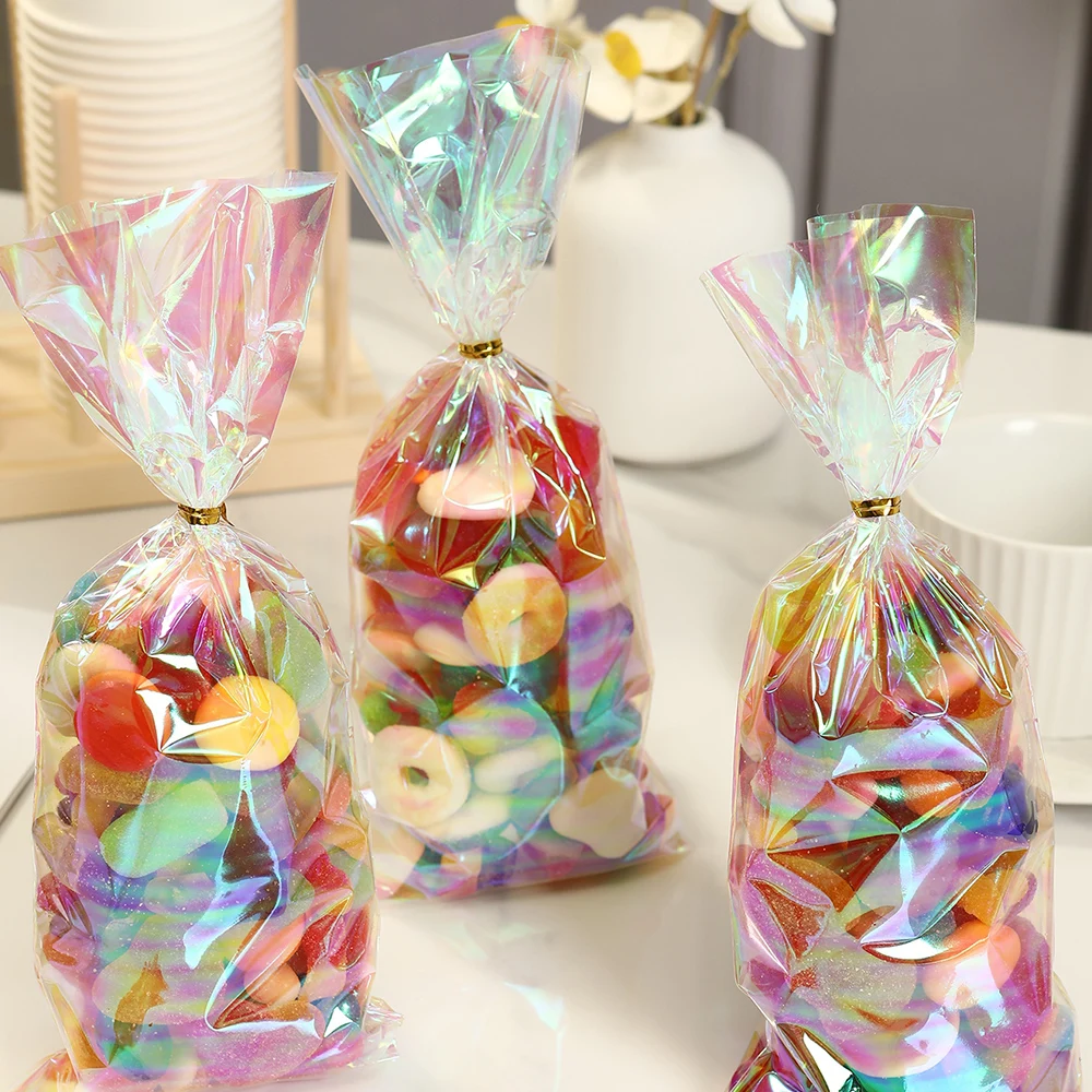 50 Stück Regenbogen-Laserfarben-Zellophanbeutel, 10 x 24 cm, holografische Party-Geschenktüte für Schmuck, kleine Unternehmen, Einkaufen, Geschenke, Verpackung – Detail 3