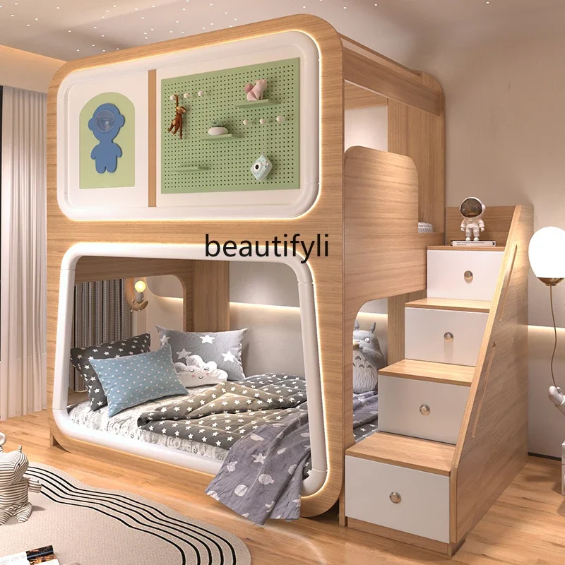 Bunk Bed 2024 New Upper and Lower Width Double Layer Wire-Wrap Board Space Bed Children's Fun Wood Grain Small Apartment