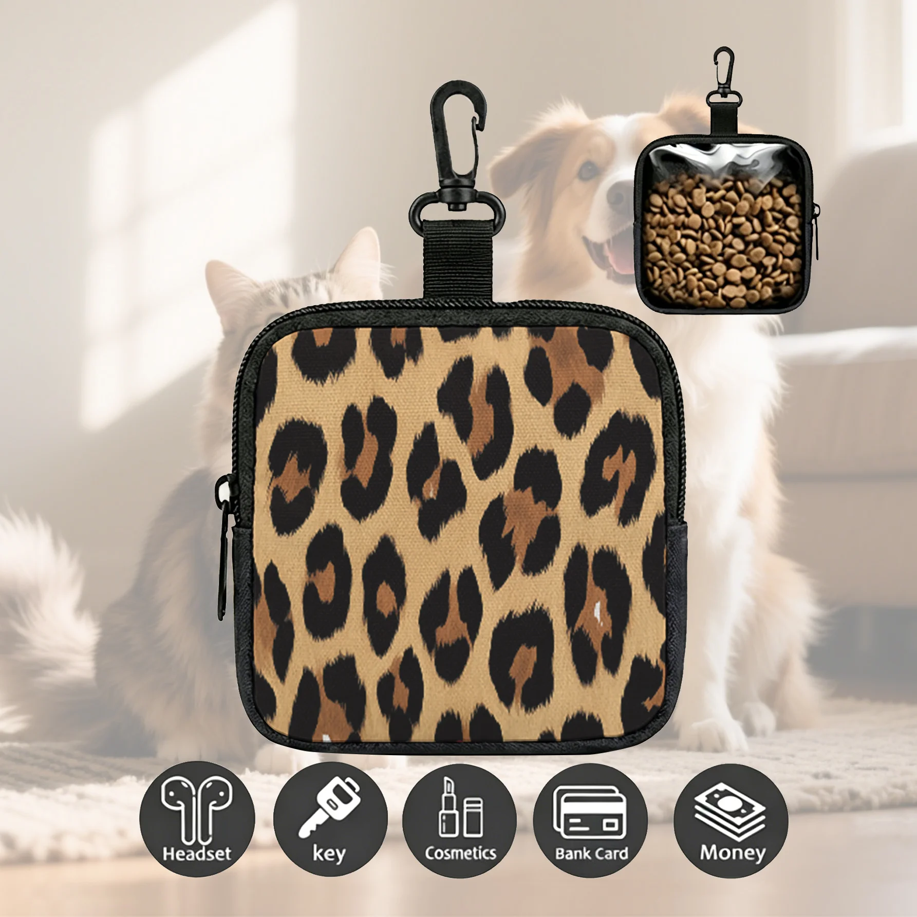 Classic Leopard Pattern Pet Treat Pouch Portable Outdoor Dog Walking Storage Bag