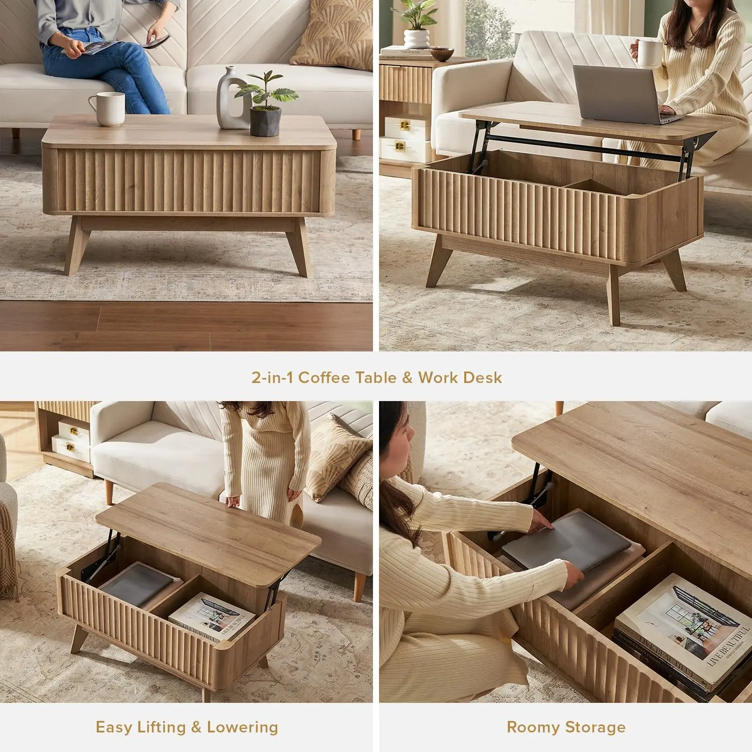 Brooklyn Lift Top Coffee Table, Modern Farmhouse Center Table with Hidden Storage, Oak Fluted Panel, Pull Up