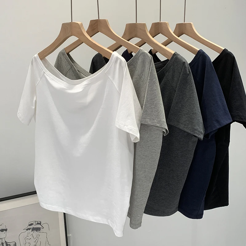 Women's Summer Slash Neck Short Sleeve T Shirt Lady Casual Solid Color Pullover Loose T Shirt Tee Top