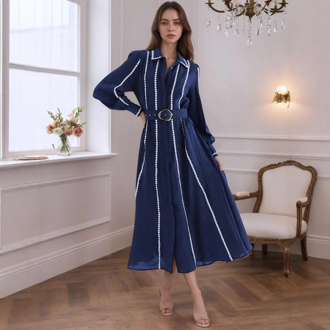 2025 Autumn New Collection Waist Skirt Shirt Collar Long Sleeve Shirt Metal Buckle Strap Dress