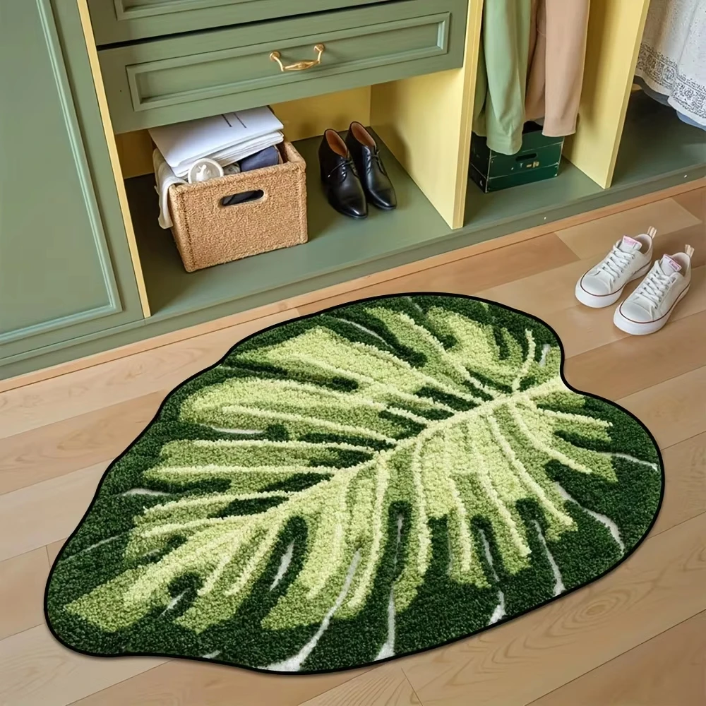 VIKAMA Plush Green Leaf Rug, Non-Slip Water-Absorbent Bathroom Mat, Indoor/Outdoor Entryway Mat, Home Decor