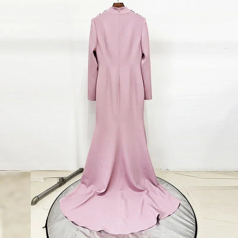 ชุดเดรสยาวประดับเพชรสำหรับผู้หญิง ดีไซน์เนอร์ออกแบบ แขนเสื้อแบบผ่าข้าง เหมาะสำหรับงานเลี้ยงกลางคืน งานแต่งงาน งานพรอม งานวันเกิด และงานครบรอบ