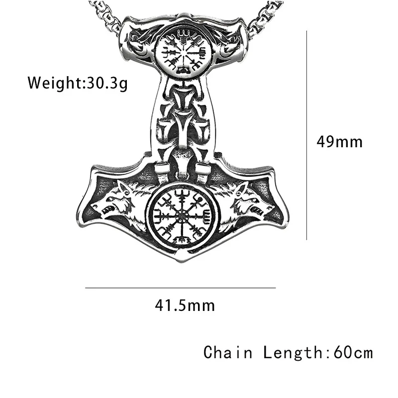 Viking Thor Hammer Pendant for Men Stainless Steel Unique Nordic Raven and Wolf Necklace Amulet Scandinavian Jewelry Accessories