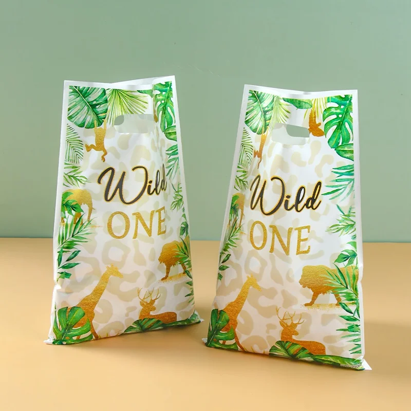 10pcs Wild One Palm Leaves Animal Candy Gift Bag Jungle Safari Birthday Party Packaging Bags Kids Baby Shower Decoration Favors